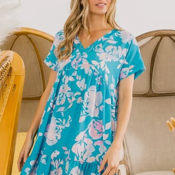 BiBi Floral Crinkle Shirred Ruffle Detail V‎ Neck Dress - Picture 16 of 16